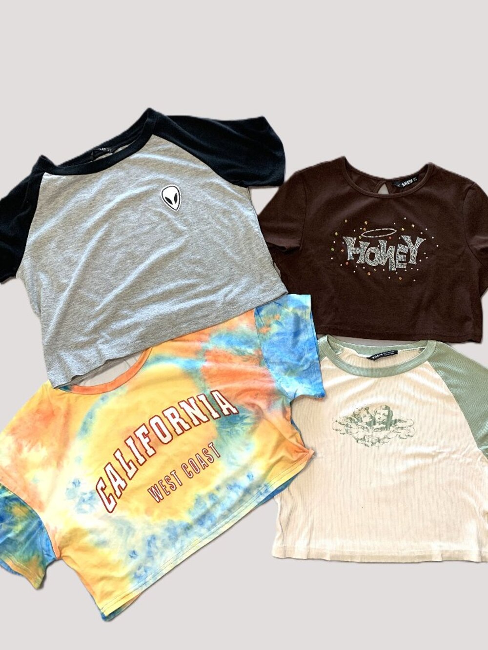 4 Shein Women Cropped Tees Multi Color Excellent Condition Short Sleeves Size M